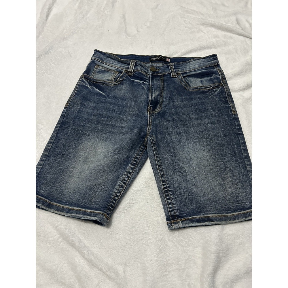 Stitches & Rivets Mens Denim Shorts Size 30 Medium Wash Embroidered Pockets Blue